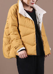 women yellow duck down coat Loose fitting snow jackets stand collar pockets Luxury overcoat - SooLinen
