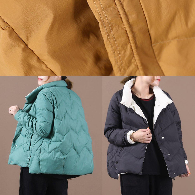 women yellow duck down coat Loose fitting snow jackets stand collar pockets Luxury overcoat - SooLinen