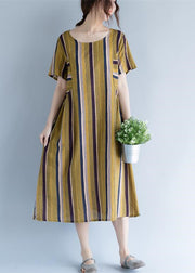 Women Yellow Long Cotton Linen Dress Trendy Plus Size O Neck Traveling Clothing Fine Striped Short Sleeve Cotton Linen Caftans