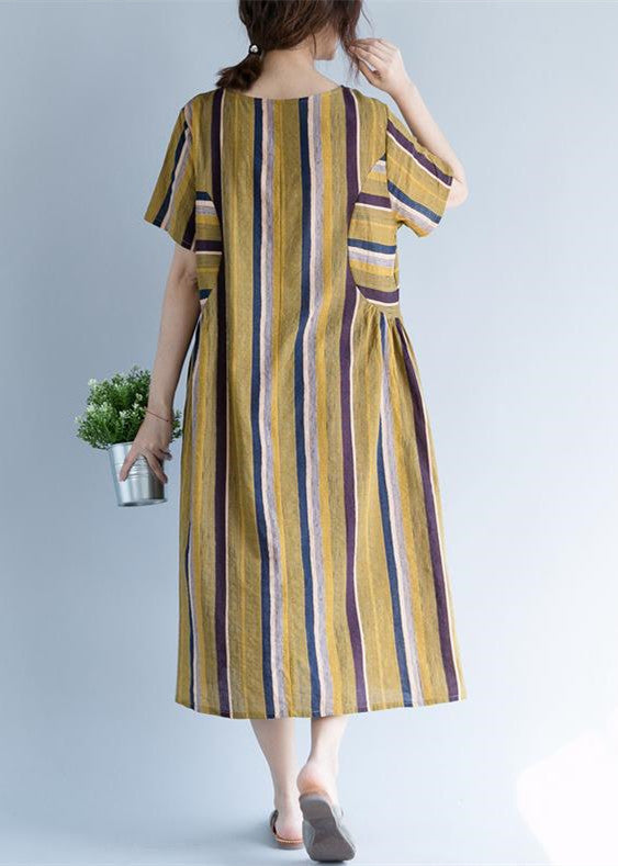 Damen Gelbes langes Baumwoll-Leinen-Kleid Trendy Plus Size O-Ausschnitt Reisekleidung Fein gestreifte Kurzarm-Baumwoll-Leinen-Kaftane