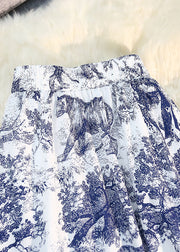 women's Season New Elastic Waist Retro Blue Print Ruffled Big Swing Skirt