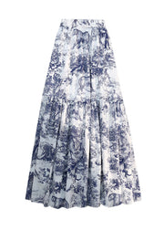 women's Season New Elastic Waist Retro Blue Print Ruffled Big Swing Skirt