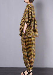 yellow plaid cotton linen patchwork ruffles tops and women wide leg pants two pieces - SooLinen
