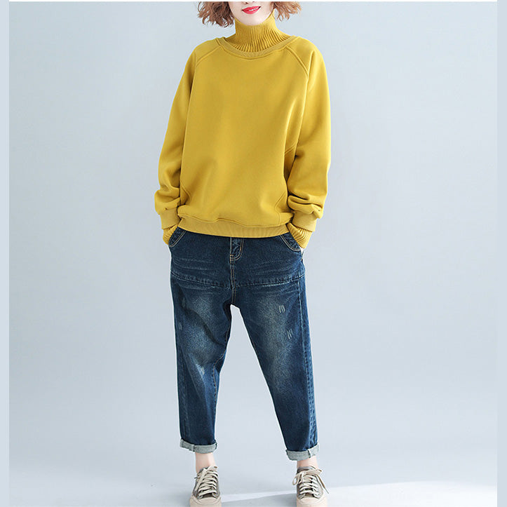 yellow stylish false two pieces sweaters knit sweat tops high neck blouse